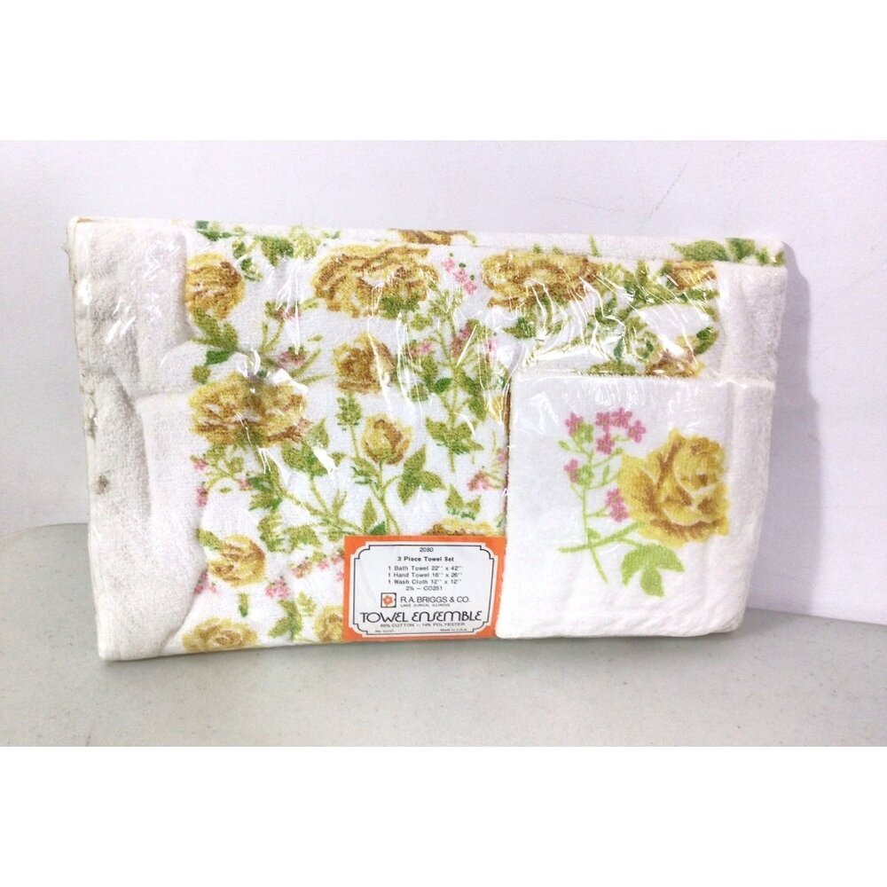 Vintage R.A. BRIGGS Floral Towel Set Mid Century Made USA New